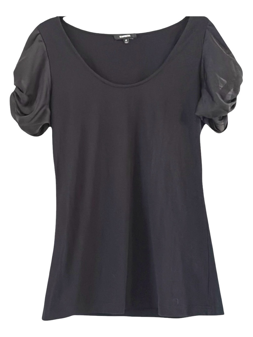 Express Black Scoop Neck Top Satin Bow Puff Sleeve Low Back Blouse Size M